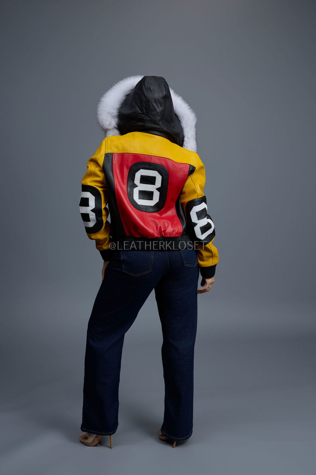 Women's Leather 8 Ball Jacket With Fox Hood [Natural White Fox]