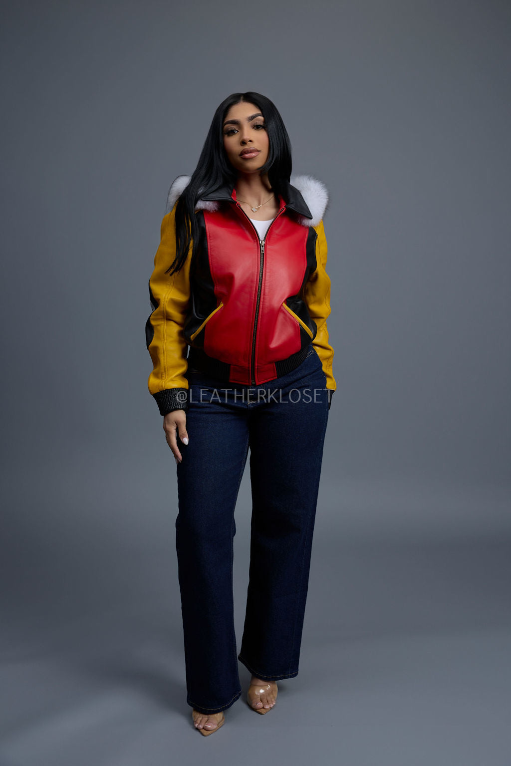 Women's Leather 8 Ball Jacket With Fox Hood [Natural White Fox]