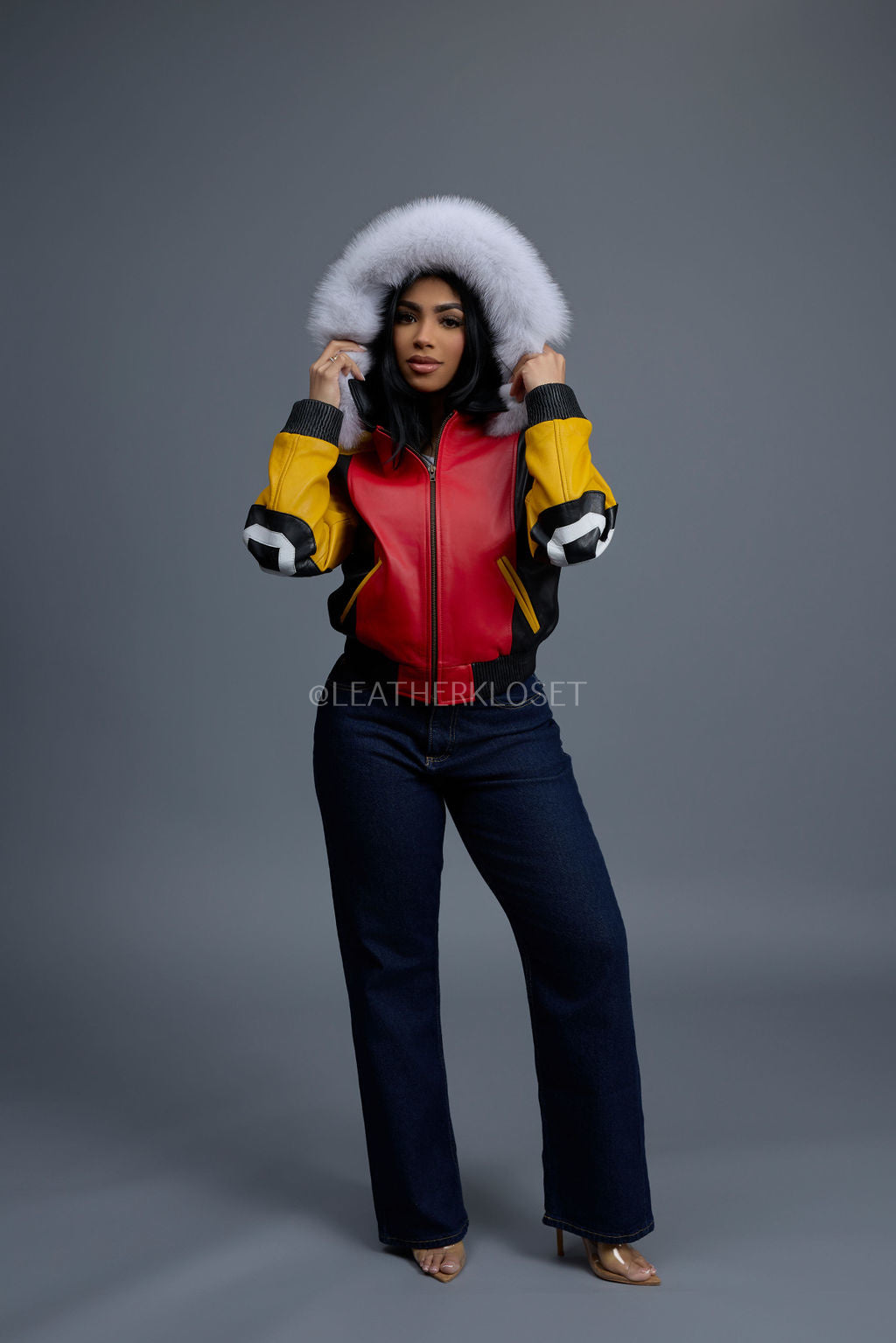 Women's Leather 8 Ball Jacket With Fox Hood [Natural White Fox]