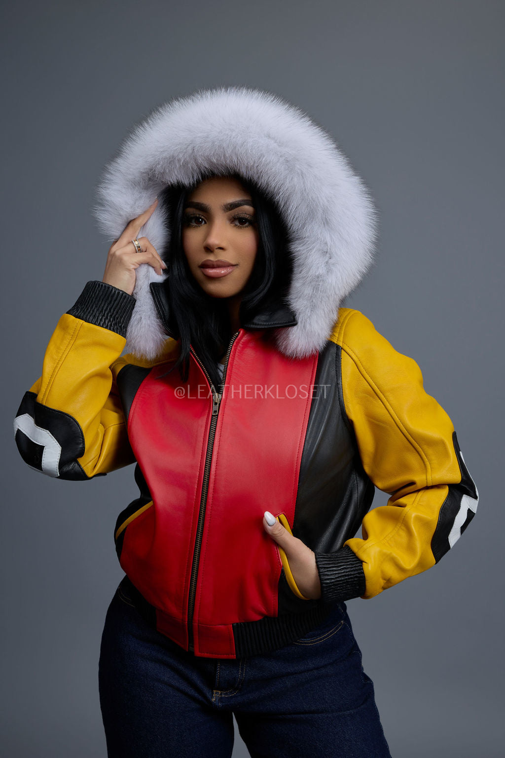 Women's Leather 8 Ball Jacket With Fox Hood [Natural White Fox]