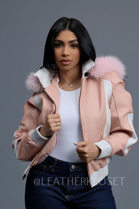 Women's 8 Ball Jacket With Premium Fox Fur Hood [Baby Pink/White]