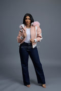 Women's 8 Ball Jacket With Premium Fox Fur Hood [Baby Pink/White]