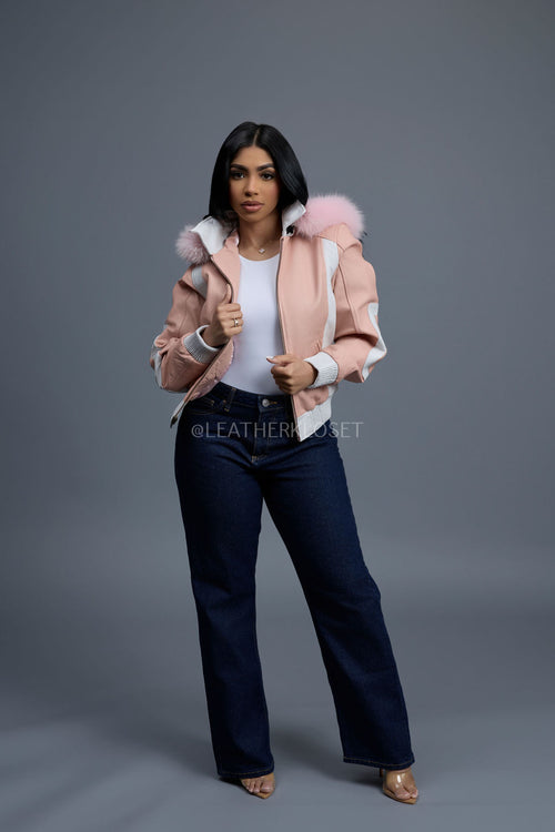 Women's 8 Ball Jacket With Premium Fox Fur Hood [Baby Pink/White]