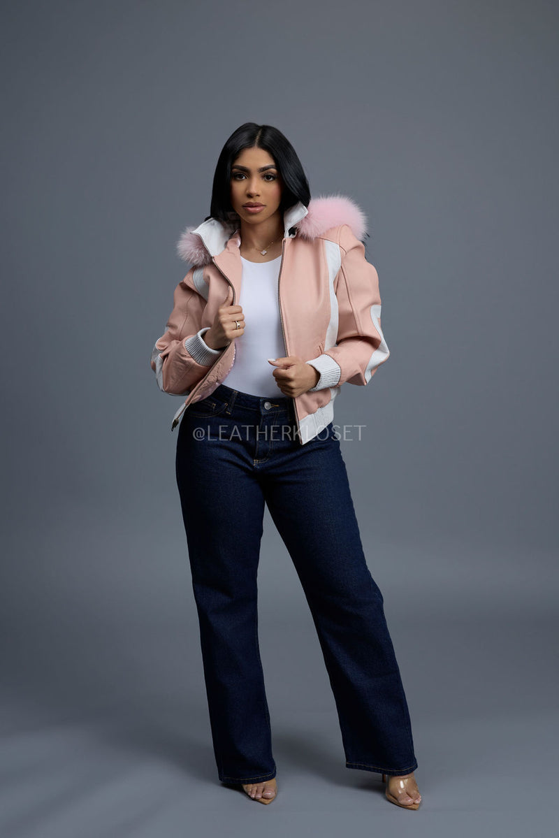 Women's 8 Ball Jacket With Premium Fox Fur Hood [Baby Pink/White]
