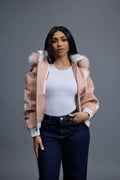 Women's 8 Ball Jacket With Premium Fox Fur Hood [Baby Pink/White]