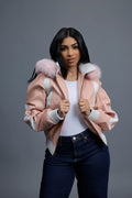 Women's 8 Ball Jacket With Premium Fox Fur Hood [Baby Pink/White]