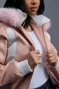 Women's 8 Ball Jacket With Premium Fox Fur Hood [Baby Pink/White]