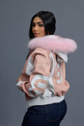 Women's 8 Ball Jacket With Premium Fox Fur Hood [Baby Pink/White]