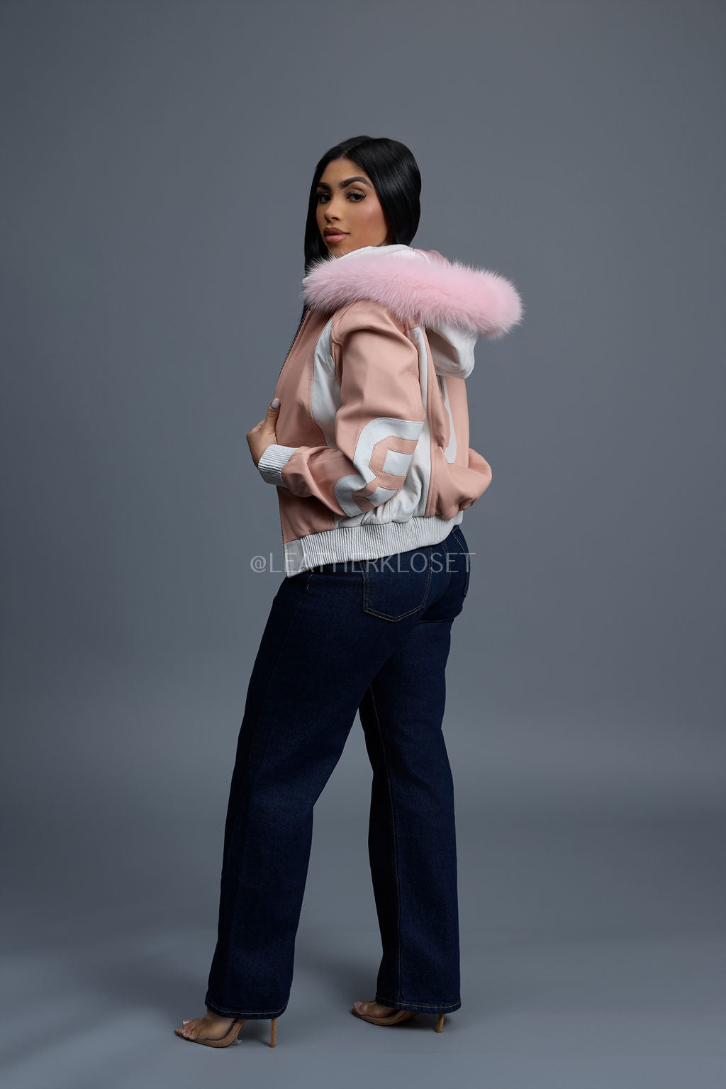 Women's 8 Ball Jacket With Premium Fox Fur Hood [Baby Pink/White]
