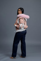Women's 8 Ball Jacket With Premium Fox Fur Hood [Baby Pink/White]
