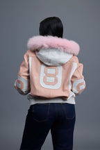 Women's 8 Ball Jacket With Premium Fox Fur Hood [Baby Pink/White]