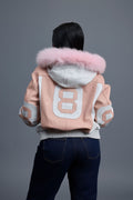 Women's 8 Ball Jacket With Premium Fox Fur Hood [Baby Pink/White]