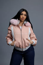 Women's 8 Ball Jacket With Premium Fox Fur Hood [Baby Pink/White]
