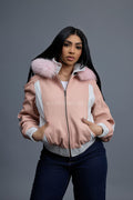 Women's 8 Ball Jacket With Premium Fox Fur Hood [Baby Pink/White]