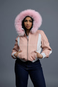 Women's 8 Ball Jacket With Premium Fox Fur Hood [Baby Pink/White]