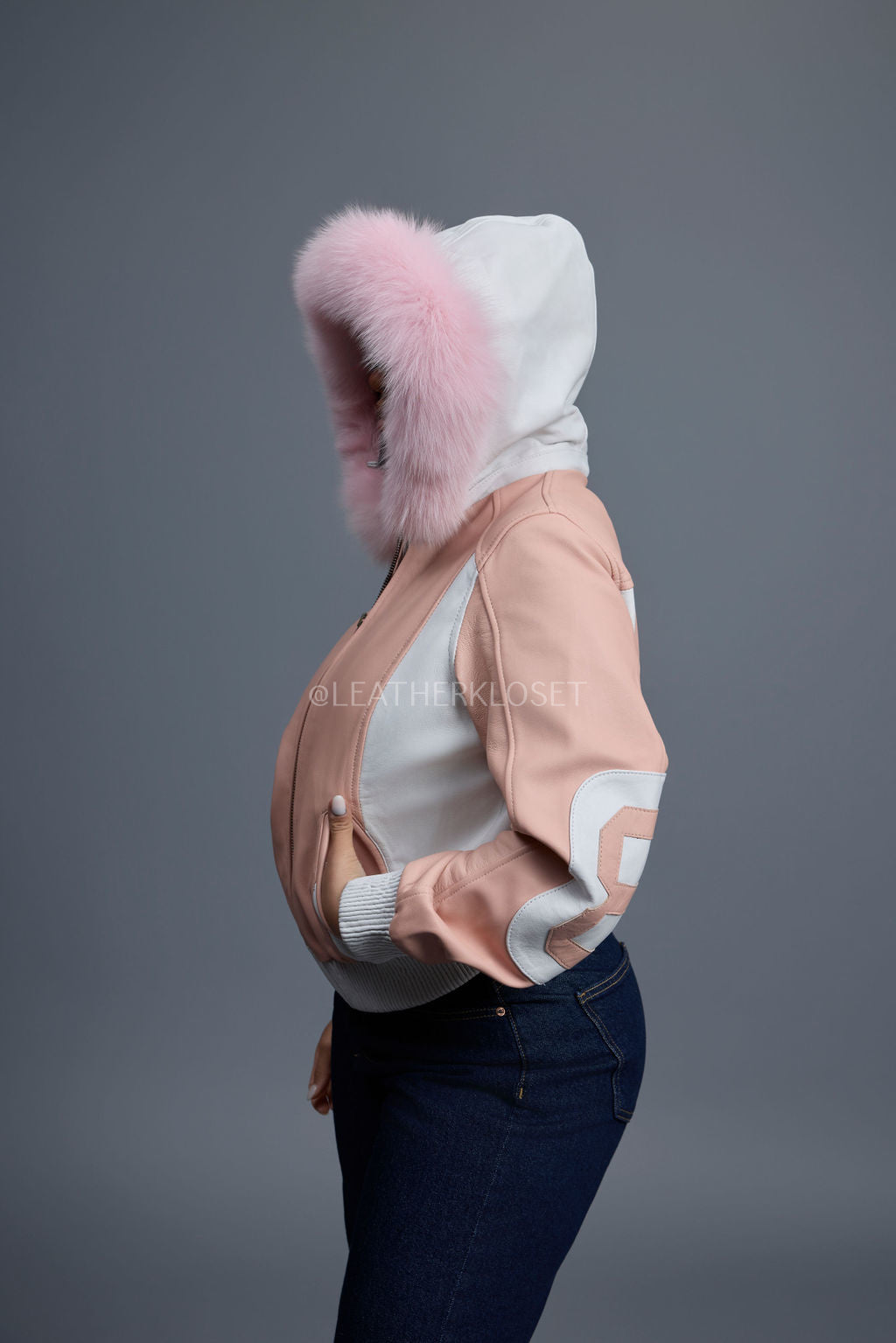 Women's 8 Ball Jacket With Premium Fox Fur Hood [Baby Pink/White]