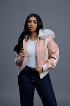 Women's 8 Ball Jacket With Premium Fox Fur Hood [Baby Pink/White]