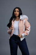 Women's 8 Ball Jacket With Premium Fox Fur Hood [Baby Pink/White]