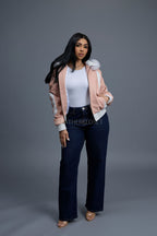 Women's 8 Ball Jacket With Premium Fox Fur Hood [Baby Pink/White]