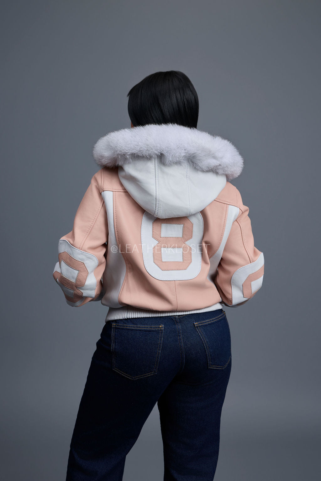 Women's 8 Ball Jacket With Premium Fox Fur Hood [Baby Pink/White]