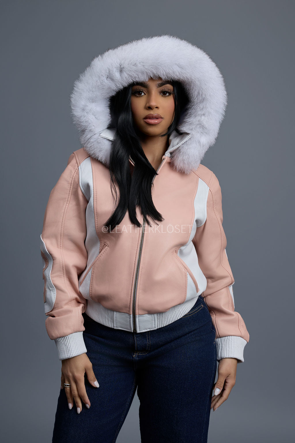Women's 8 Ball Jacket With Premium Fox Fur Hood [Baby Pink/White]