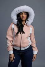 Women's 8 Ball Jacket With Premium Fox Fur Hood [Baby Pink/White]