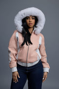 Women's 8 Ball Jacket With Premium Fox Fur Hood [Baby Pink/White]