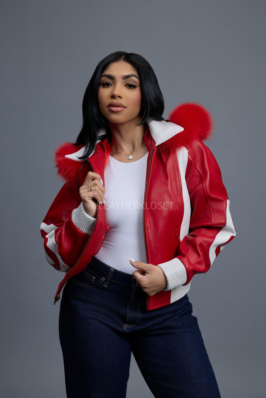 Women's 8 Ball Jacket With Premium Fox Fur Hood [White-Red/Red Fox]