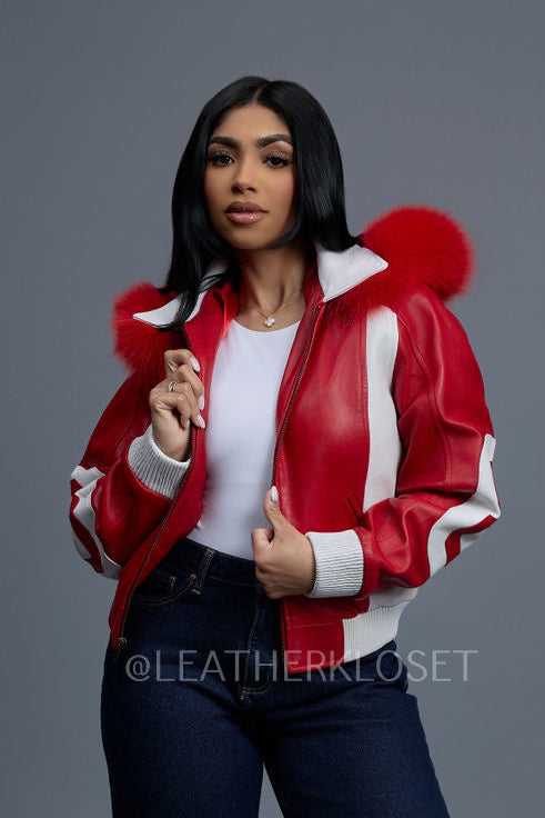 Women's 8 Ball Jacket With Premium Fox Fur Hood [White-Red/Red Fox]