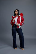 Women's 8 Ball Jacket With Premium Fox Fur Hood [White/Red]
