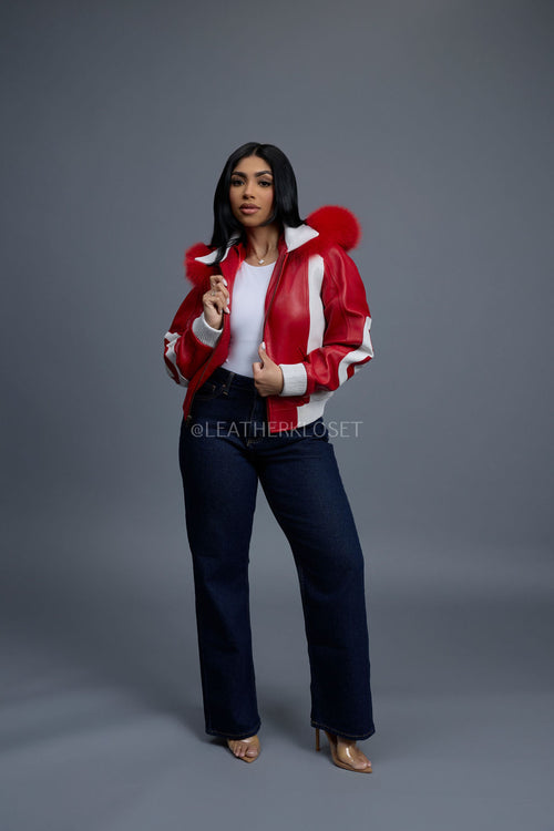 Women's 8 Ball Jacket With Premium Fox Fur Hood [White/Red]
