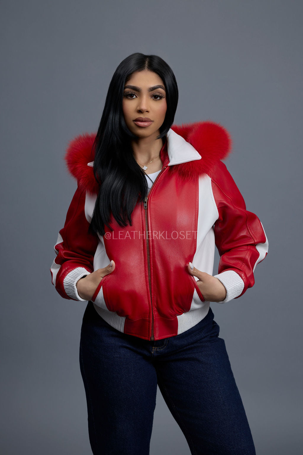 Women's 8 Ball Jacket With Premium Fox Fur Hood [White-Red/Red Fox]