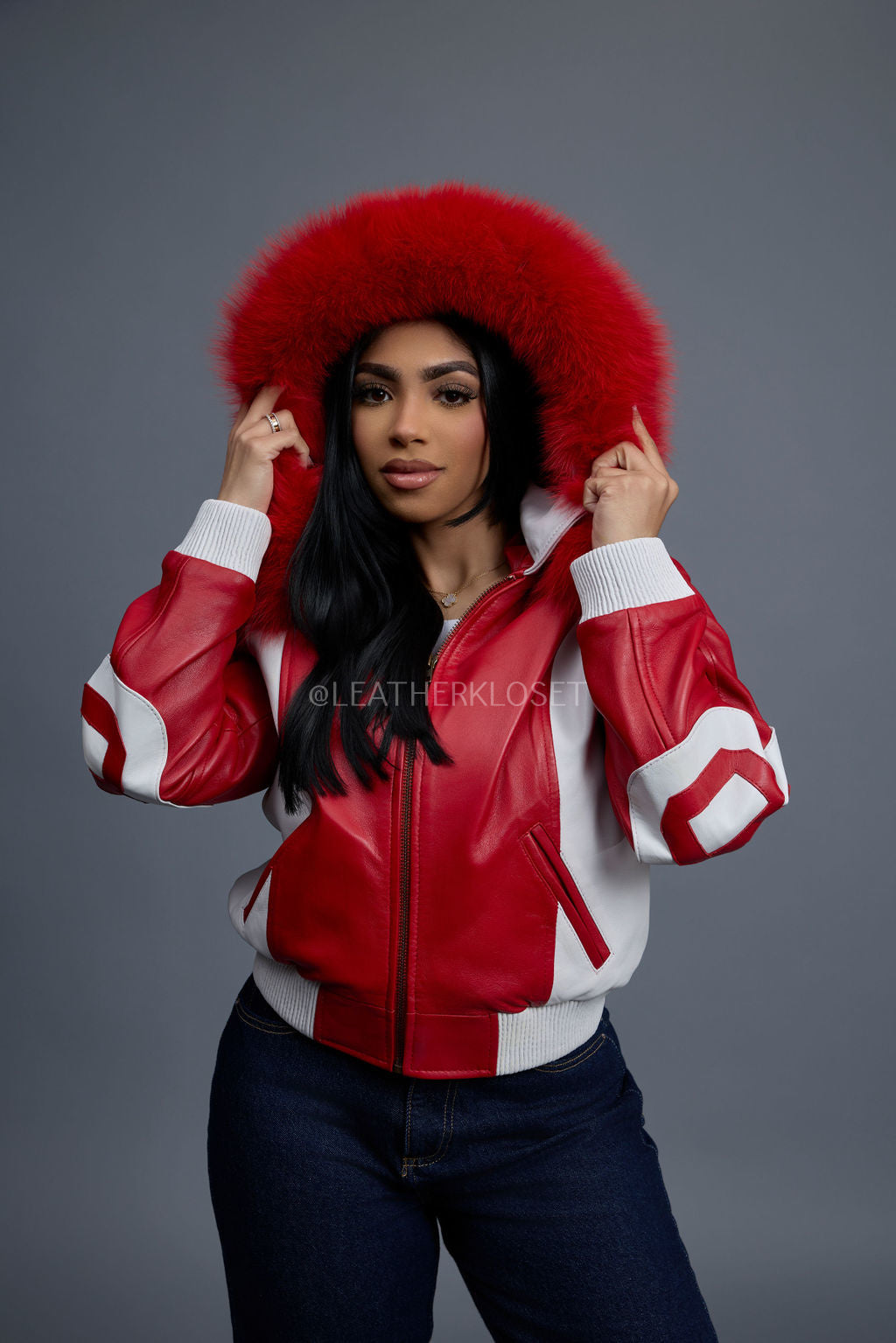 Women's 8 Ball Jacket With Premium Fox Fur Hood [White-Red/Red Fox]