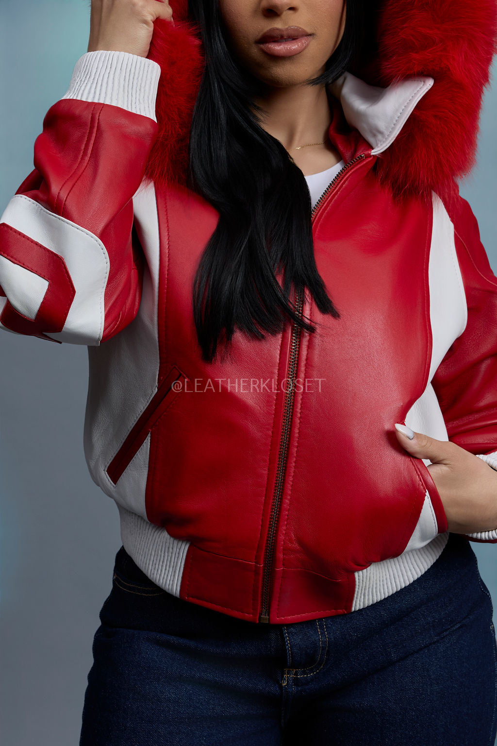 Women's 8 Ball Jacket With Premium Fox Fur Hood [White-Red/Red Fox