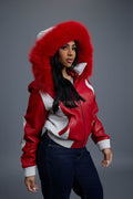 Women's 8 Ball Jacket With Premium Fox Fur Hood [White/Red]