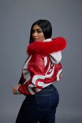 Women's 8 Ball Jacket With Premium Fox Fur Hood [White/Red]
