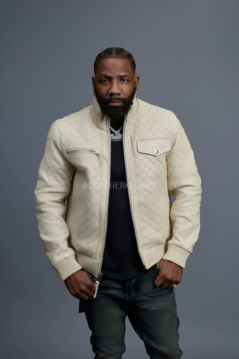 Men's Franklin Quilted Leather Bomber Jacket [Beige]