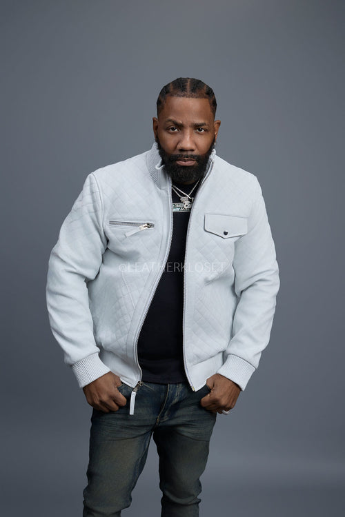 Men's Franklin Quilted Leather Bomber Jacket [White]