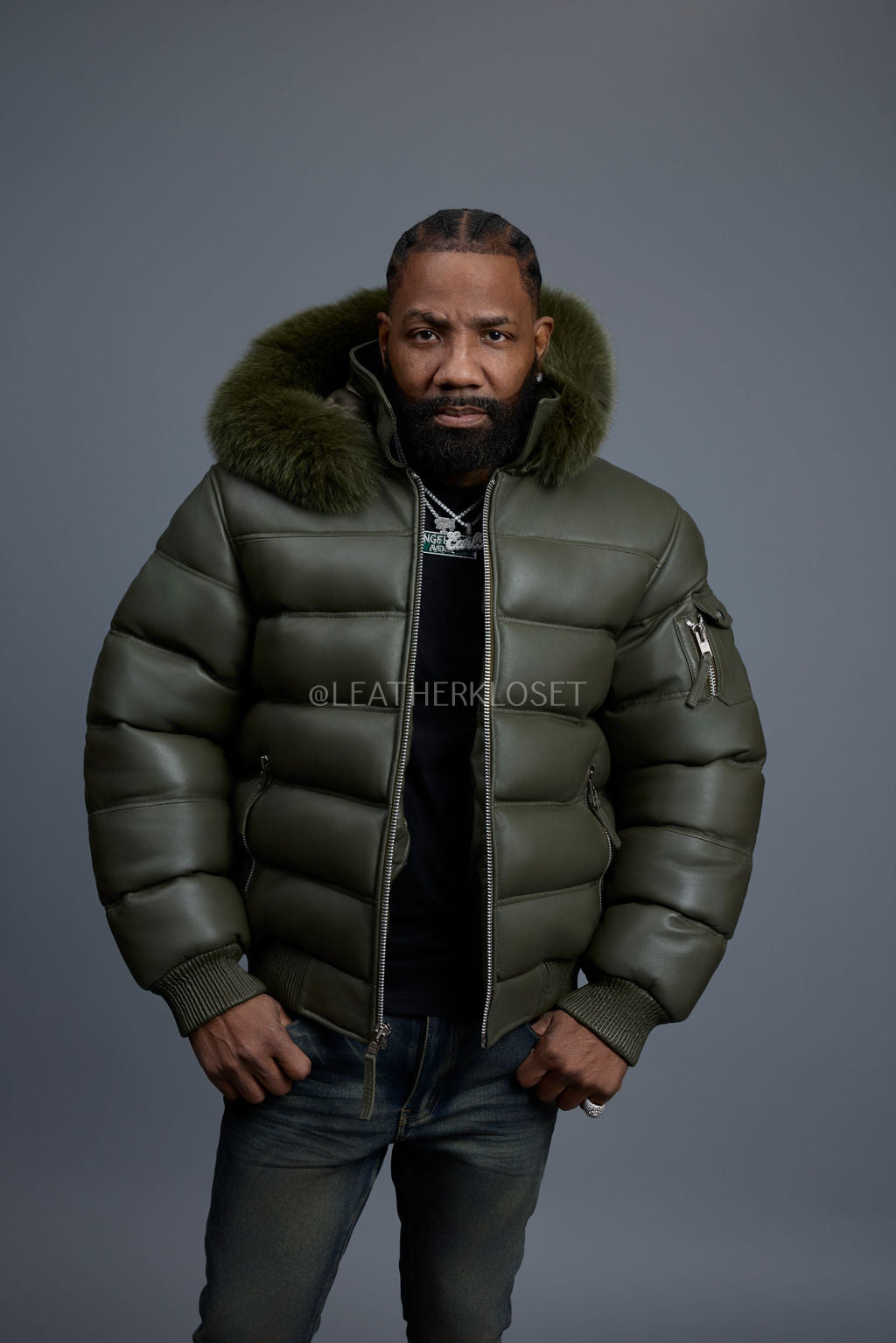Men’s Aspen Leather Bubble Bomber Jacket [Olive]