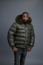 Men’s Aspen Leather Bubble Bomber Jacket [Olive]