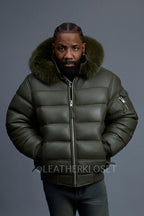 Men’s Aspen Leather Bubble Bomber Jacket [Olive]