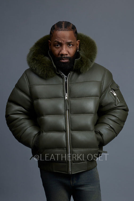 Men’s Aspen Leather Bubble Bomber Jacket [Olive]