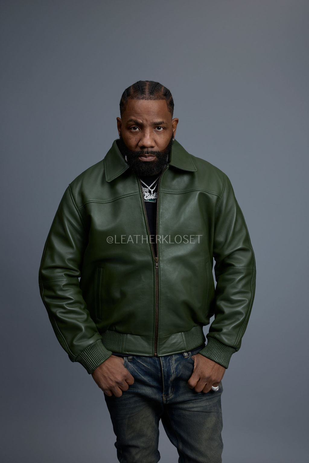 Men's Classic Baseball Leather Jacket With Collar [Military Green]