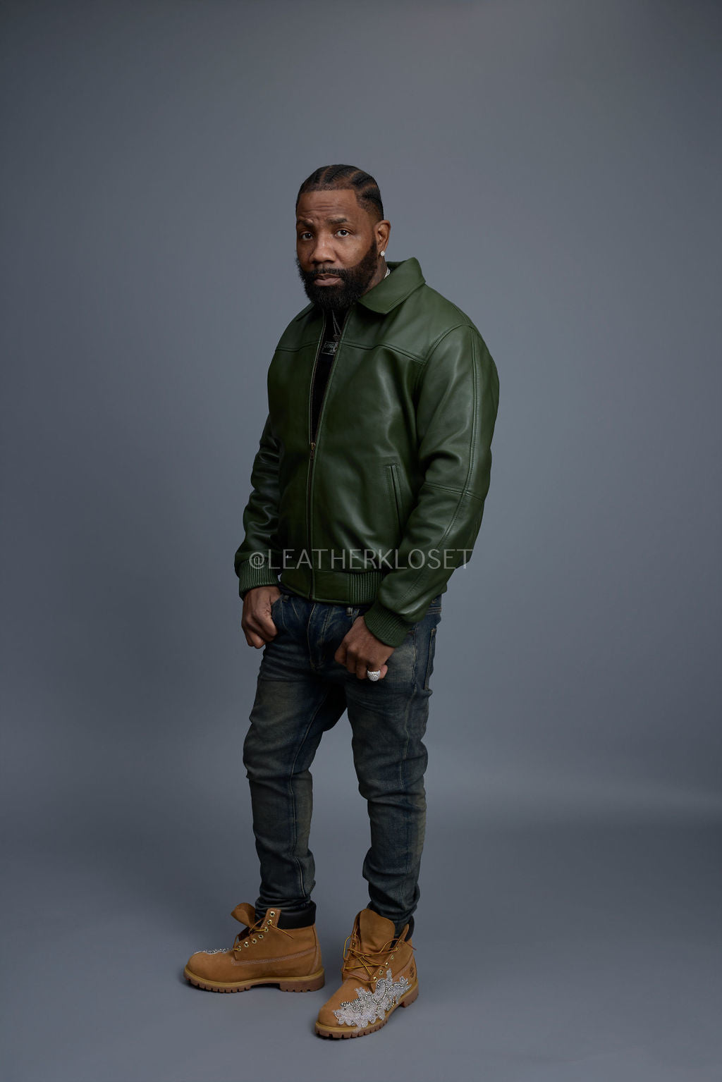 Men's Classic Baseball Leather Jacket With Collar [Military Green]