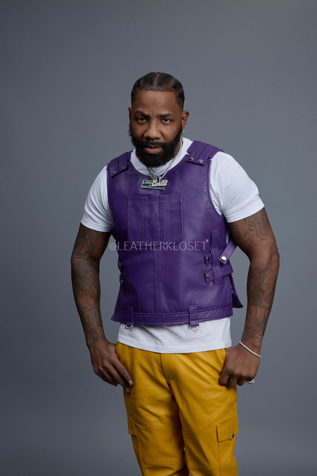 Men's Vegas Leather Vest With Leather Stack Pants [Purple/Yellow]