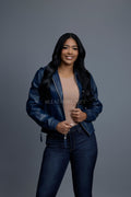 Women's Leather Hoodie [Navy Blue]