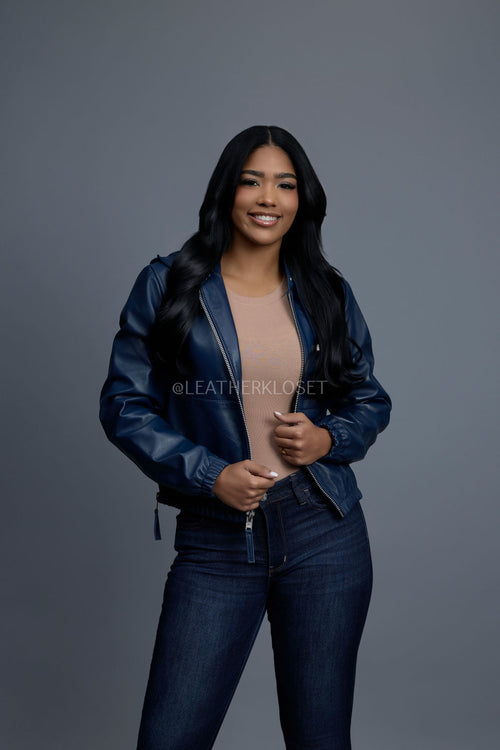 Women's Leather Hoodie [Navy Blue]