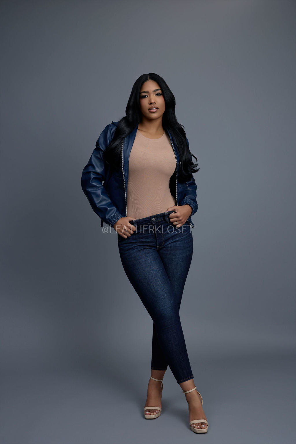 Women's Leather Hoodie [Navy Blue]