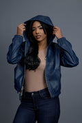 Women's Leather Hoodie [Navy Blue]