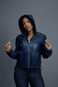 Women's Leather Hoodie [Navy Blue]